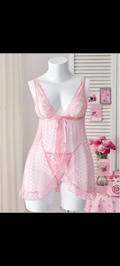 Elegant Pink & Black Lace Babydoll Set (Pink)